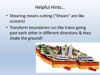 Helpful Hints…
• Shearing means cutting (“Shears” are like
scissors)
• Transform boundaries run like trains going
past each other in different directions & they
shake the ground!
 