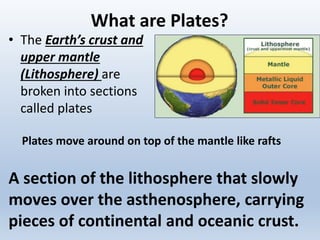 What are Plates?
• The Earth’s crust and
upper mantle
(Lithosphere) are
broken into sections
called plates
A section of the lithosphere that slowly
moves over the asthenosphere, carrying
pieces of continental and oceanic crust.
Plates move around on top of the mantle like rafts
 