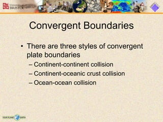 • There are three styles of convergent
plate boundaries
– Continent-continent collision
– Continent-oceanic crust collision
– Ocean-ocean collision
Convergent Boundaries
 