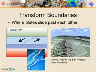 • Where plates slide past each other
Transform Boundaries
Above: View of the San Andreas
transform fault
 
