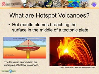 • Hot mantle plumes breaching the
surface in the middle of a tectonic plate
What are Hotspot Volcanoes?
Photo: Tom Pfeiffer / www.volcanodiscovery.com
The Hawaiian island chain are
examples of hotspot volcanoes.
 