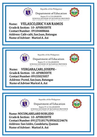 Name: VELASCO,ERIC VANRAMOS
Grade& Section: 10- APHRODITE
Contact Number: 09104408666
Address: Calit-calit, SanJuan, Batangas
Name of Adviser: MaricelA. Asi
Republic ofthe Philippines
Department of Education
Region IV-A CALABARZON
SCHOOLS DIVISION OF BATANGAS PROVINCE
TIPAS INTEGRATED NATIONAL HIGH SCHOOL
Tipas, San Juan, Batangas
Republic ofthe Philippines
Department of Education
Region IV-A CALABARZON
SCHOOLS DIVISION OF BATANGAS PROVINCE
TIPAS INTEGRATED NATIONAL HIGH SCHOOL
Tipas, San Juan, Batangas
Name: VERGARA,CARLJOSEPH-
Grade& Section: 10- APHRODITE
Contact Number: 09155023057
Address: Poctol, SanJuan, Batangas
Name of Adviser Maricel A. Asi
Republic ofthe Philippines
Department of Education
Region IV-A CALABARZON
SCHOOLS DIVISION OF BATANGAS PROVINCE
TIPAS INTEGRATED NATIONAL HIGH SCHOOL
Tipas, San Juan, Batangas
Name: NOCUM,ABELARDROBLEDO
Grade& Section: 10- APHRODITE
Contact Number: 09127518179/09363224676
Address: SanIsidro, Candelaria, Quezon
Name of Adviser: MaricelA. Asi
 