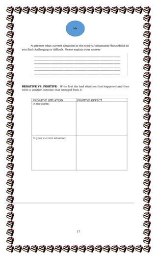 17
At present what current situation in the society/community/household do
you find challenging or difficult. Please explain your answer
.
NEGATIVE VS. POSITIVE- Write first the bad situation that happened and then
write a positive outcome that emerged from it.
NEGATIVE SITUATION POSITIVE EFFECT
In the poem:
In your current situation:
Me
 