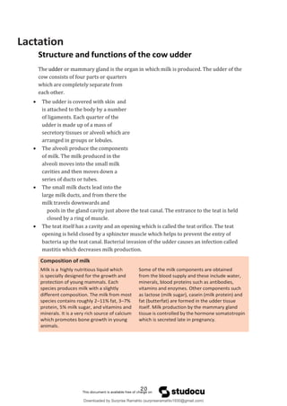 Lactation
Structure and functions of the cow udder
The udder or mammary gland is the organ in which milk is produced. The udder of the
cow consists of four parts or quarters
which are completely separate from
each other.
 The udder is covered with skin and
is attached to the body by a number
of ligaments. Each quarter of the
udder is made up of a mass of
secretory tissues or alveoli which are
arranged in groups or lobules.
 The alveoli produce the components
of milk. The milk produced in the
alveoli moves into the small milk
cavities and then moves down a
series of ducts or tubes.
 The small milk ducts lead into the
large milk ducts, and from there the
milk travels downwards and
pools in the gland cavity just above the teat canal. The entrance to the teat is held
closed by a ring of muscle.
 The teat itself has a cavity and an opening which is called the teat orifice. The teat
opening is held closed by a sphincter muscle which helps to prevent the entry of
bacteria up the teat canal. Bacterial invasion of the udder causes an infection called
mastitis which decreases milk production.
Composition of milk
Milk is a highly nutritious liquid which
is specially designed for the growth and
protection of young mammals. Each
species produces milk with a slightly
different composition. The milk from most
species contains roughly 2–11% fat, 3–7%
protein, 5% milk sugar, and vitamins and
minerals. It is a very rich source of calcium
which promotes bone growth in young
animals.
Some of the milk components are obtained
from the blood supply and these include water,
minerals, blood proteins such as antibodies,
vitamins and enzymes. Other components such
as lactose (milk sugar), casein (milk protein) and
fat (butterfat) are formed in the udder tissue
itself. Milk production by the mammary gland
tissue is controlled by the hormone somatotropin
which is secreted late in pregnancy.
20
Downloaded by Surprise Ramahlo (surpriseramahlo1930@gmail.com)
lOMoARcPSD|29919704
 