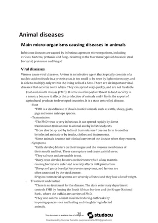 Animal diseases
Main micro-organisms causing diseases in animals
Infectious diseases are caused by infectious agents or microorganisms, including
viruses, bacteria, protozoa and fungi, resulting in the four main types of diseases: viral,
bacterial, protozoan and fungal.
Viral diseases
Viruses cause viral diseases. A virus is an infective agent that typically consists of a
nucleic acid molecule in a protein coat, is too small to be seen by light microscopy, and
is able to multiply only within the living cells of a host. There are six important viral
diseases that occur in South Africa. They can spread very quickly, and are not treatable.
Foot-and-mouth disease (FMD): It is the most important threat to food security in
a country because it affects the production of animals and it limits the export of
agricultural products to developed countries. It is a state controlled disease.
- Host
*FMD is a viral disease of cloven-hoofed animals such as cattle, sheep, goats,
pigs and some antelope species.
- Transmission
*The FMD virus is very infectious. It can spread rapidly by direct
transmission from animal to animal and by infected objects.
*It can also be spread by indirect transmission from one farm to another
by infected animals or by trucks, clothes and instruments.
*Some animals become sub-clinical carriers of the disease when they recover.
- Symptoms
*Cattle develop blisters on their tongue and the mucous membranes of
their mouth and feet. These can rupture and cause painful sores.
*They salivate and are unable to eat.
*Dairy cows develop blisters on their teats which allow mastitis-
causing bacteria to enter and severely affects milk production.
*Sheep and goats develop less severe symptoms, and lesions are
often unnoticed by the stock owner.
8Pigs in commercial systems are severely affected and they lose a lot of weight.
-
*There is no treatment for the disease. The state veterinary department
controls FMD by fencing the South African borders and the Kruger National
Park , where the buffalo are carriers of FMD.
*They also control animal movement during outbreaks by
imposing quarantines and testing and slaughtering infected
animals.
Treatment and control
30
Downloaded by Surprise Ramahlo (surpriseramahlo1930@gmail.com)
lOMoARcPSD|29919704
 