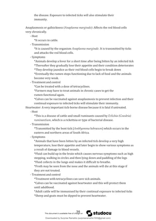 the disease. Exposure to infected ticks will also stimulate their
immunity.
Anaplasmosis or gallsickness (Anaplasma marginale): Affects the red blood cells
very chronically.
- Host
*It occurs in cattle.
- Transmission
*It is caused by the organism Anaplasma marginale. It is transmitted by ticks
and attacks the red blood cells.
- Symptoms
*Animals develop a fever for a short time after being bitten by an infected tick
*Thereafter they gradually lose their appetite and their condition deteriorates
*They develop jaundice as their red blood cells begin to break down
*Eventually the rumen stops functioning due to lack of food and the animals
become very weak.
- Treatment and control
*Can be treated with a dose of tetracyclines.
*Farmers may have to treat animals in chronic cases to get the
rumen functional again.
*Calves can be vaccinated against anaplasmosis to prevent infection and their
continual exposure to infected ticks will stimulate their immunity.
Heartwater: A very important tick-borne disease because it is fatal if untreated.
- Host
*This is a disease of cattle and small ruminants caused by Erlichia (Cowdria)
ruminantium, which is a rickettsia or type of bacterial disease.
- Transmission
*Transmitted by the bont tick (Amblyomma hebraeum) which occurs in the
eastern and northern areas of South Africa.
- Symptoms
*Animals that have been bitten by an infected tick develop a very high
temperature, lose their appetite and later begin to show various symptoms as
a result of damage to blood vessels.
*Fluid can build up in the brain which causes nervous symptoms such as high
stepping, walking in circles and then lying down and paddling of the legs
*Fluid collects in the lungs and makes it difficult to breathe.
*Froth may be seen from the nose and the animals will die at this stage if
they are not treated.
- Treatment and control
*Treatment with tetracyclines can save sick animals.
*Calves can be vaccinated against heartwater and this will protect them
until adulthood.
*Adult cattle will be immunised by their continual exposure to infected ticks
*Sheep and goats must be dipped to prevent heartwater.
36
Downloaded by Surprise Ramahlo (surpriseramahlo1930@gmail.com)
lOMoARcPSD|29919704
 