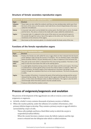 Structure of female secondary reproductive organs
Structure of secondary female reproductive organs
Organ Structure
Fallopian
tubes
These tubes are also called the oviducts and they are two winding tubes which pass from
the horns of the uterus to the ovaries. Each tube forms a funnel shaped body at the ovary
called the infundibulum.
Uterus A muscular tube which can be divided into various parts: the thick neck or cervix, the body
and the horns. The uterus is lined on the inside with a layer called the endometrium.
Vagina A muscular tube. It is adjacent to the cervix of the uterus on one end and it opens to
the outside through the vulva or lips of the vagina on the other end. The hymen is the
membrane at the entrance of the vagina.
Udder Also known as the mammary gland, it is situated outside the body cavity of the cow.
Functions of the female reproductive organs
Function of female reproductive organs
Organ Structure
Ovaries Produce the female sex cells called the ova or eggs which are then released into the funnel
of the fallopian tubes during the process of ovulation. The ova develop inside a fluid-filled
follicle (Graafian follicle). Oocytes develop every 21 days in response to the hormone FSH.
Fallopian
tubes
They pick up the ovum which is released from the ovary during ovulation. Fine hairs or cilia
help to move the ovum down the tube to the waiting sperm.
Uterus Is usually tightly closed but during oestrus the wall relaxes and the cervix opens. The lining
or endometrium contains glands which nourish the embryo before it implants. When the
embryo implants, the blood supply of the endometrium nourishes it by being in close
contact through the cotyledons that form on the foetal membrane. This forms the placenta
in cattle.
Vagina Has a number of functions. It receives the penis of the bull during mating and the semen
released during mating. The semen travels up the vagina and through the cervix and the
uterus. It then enters the fallopian tubes to effect fertilisation. The vagina is also the birth
canal through which the foetus passes into the outside world.
Udder Produces milk to feed the newborn animal.
Process of ovigenesis/oogenesis and ovulation
The process of development of the egg (female sex cells or ova) in a cow is called
ovigenesis or oogenesis.
 At birth, a heifer’s ovary contains thousands of primary oocytes or follicles.
 When she reaches puberty, under the influence of a number of hormones, a few
primary follicles begin to develop. They contain a primary oocyte or egg cell which is
surrounded by a layer of cells.
-
-
These cells multiply and form a fluid-filled cavity in which the oocyte is
suspended (Graafian follicle).
When the oocyte becomes a mature ovum, the follicle ruptures and the ripe
ovum is released into the fallopian tube which is called ovulation.
5
Downloaded by Surprise Ramahlo (surpriseramahlo1930@gmail.com)
lOMoARcPSD|29919704
 