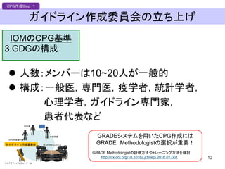 ガイドライン作成委員会の立ち上げ
 人数：メンバーは10~20人が一般的
 構成：一般医，専門医，疫学者，統計学者，
心理学者，ガイドライン専門家，
患者代表など
12
IOMのCPG基準
3.GDGの構成
GRADEシステムを用いたCPG作成には
GRADE Methodologistの選択が重要！
GRADE Methodologistの評価方法やトレーニング方法を検討
DOI: http://dx.doi.org/10.1016/j.jclinepi.2016.07.001
CPG作成Step 1
 