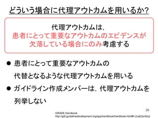 28
 患者にとって重要なアウトカムの
代替となるような代理アウトカムを用いる
 ガイドライン作成メンバーは，代理アウトカムを
列挙しない
GRADE Handbook
http://gdt.guidelinedevelopment.org/app/handbook/handbook.html#h.2uab3znt2cji
代理アウトカムは，
患者にとって重要なアウトカムのエビデンスが
欠落している場合にのみ考慮する
どういう場合に代理アウトカムを用いるか?
 