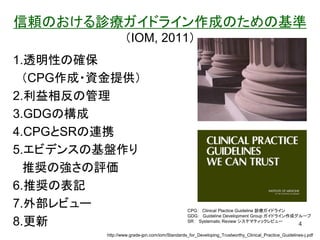 信頼のおける診療ガイドライン作成のための基準
（IOM, 2011）
1.透明性の確保
（CPG作成・資金提供）
2.利益相反の管理
3.GDGの構成
4.CPGとSRの連携
5.エビデンスの基盤作り
推奨の強さの評価
6.推奨の表記
7.外部レビュー
8.更新 4
CPG： Clinical Plactice Guideline 診療ガイドライン
GDG： Guideline Development Group ガイドライン作成グループ
SR： Systematic Review システマティックレビュー
http://www.grade-jpn.com/iom/Standards_for_Developing_Trustworthy_Clinical_Practice_Guidelines-j.pdf
 