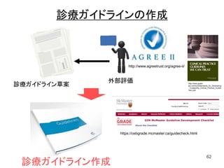 診療ガイドラインの作成
62
診療ガイドライン草案
診療ガイドライン作成
http://www.agreetrust.org/agree-ii/
外部評価 http://www.grade-
jpn.com/iom/Standards_for_Developing
_Trustworthy_Clinical_Practice_Guideli
nes-j.pdf
https://cebgrade.mcmaster.ca/guidecheck.html
 