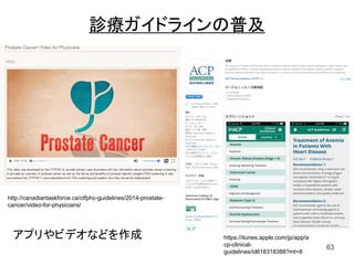 診療ガイドラインの普及
63
http://canadiantaskforce.ca/ctfphc-guidelines/2014-prostate-
cancer/video-for-physicians/
https://itunes.apple.com/jp/app/a
cp-clinical-
guidelines/id618318388?mt=8
アプリやビデオなどを作成
 