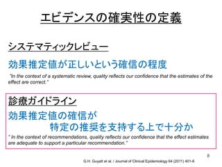 エビデンスの確実性の定義
8
システマティックレビュー
効果推定値が正しいという確信の程度
”In the context of a systematic review, quality reflects our confidence that the estimates of the
effect are correct.”
診療ガイドライン
効果推定値の確信が
特定の推奨を支持する上で十分か
” In the context of recommendations, quality reflects our confidence that the effect estimates
are adequate to support a particular recommendation.”
G.H. Guyatt et al. / Journal of Clinical Epidemiology 64 (2011) 401-6
 