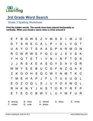 Online reading & math for K-5 www.k5learning.com
3rd Grade Word Search
Grade 3 Spelling Worksheet
Find the hidden words. The words have been placed horizontally or
vertically. When you locate a word, draw a circle around it.
E F B G W E Z V M S S I M J D
D T S N E C A L P I D L V Q T
U A Y O T S A A D P A R M O N
R C W R W E F Q C U J X V S K
Y H Q T E T I V N I N F T D K
J J R S X E A S O Y D A V Q R
W M Y S E B U C G F N Z Q A X
Z K O O H S Q C W Y N M T K C
T M E H A P J F L T U X U G L
E O Z O Q L S J U Y O X W Q L
R H K N Y J H S T O R Y R F P
E T E G C B W V L U Y M F U R
A. strong B. miss C. shook D. story E. invite
F. cubes G. rude H. place
 