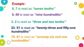 9
Example:
23. 51 is read as “twenty-three and fifty-one
hundredths”
3. 2 is read as “three and two tenths”
0. 7 is read as “seven tenths”
0. 09 is read as “nine hundredths”
76. 01 is read as “seventy-six and one
hundredths”
 