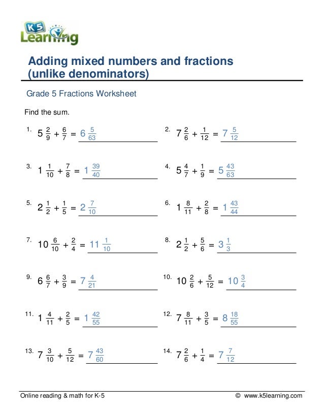 Grade 5 Adding Fractions Mixed Numbers