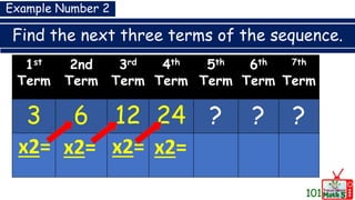 Find the next three terms of the sequence.
101
1st
Term
2nd
Term
3rd
Term
4th
Term
5th
Term
6th
Term
7th
Term
3 6 12 24 ? ? ?
x2= x2= x2= x2=
Example Number 2
 