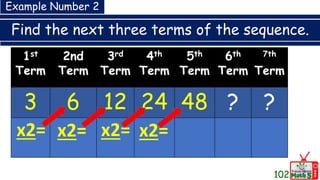 Find the next three terms of the sequence.
102
1st
Term
2nd
Term
3rd
Term
4th
Term
5th
Term
6th
Term
7th
Term
3 6 12 24 48 ? ?
x2= x2= x2= x2=
Example Number 2
 