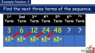 Find the next three terms of the sequence.
103
1st
Term
2nd
Term
3rd
Term
4th
Term
5th
Term
6th
Term
7th
Term
3 6 12 24 48 ? ?
x2= x2= x2= x2= x2=
Example Number 2
 