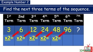 Find the next three terms of the sequence.
104
1st
Term
2nd
Term
3rd
Term
4th
Term
5th
Term
6th
Term
7th
Term
3 6 12 24 48 96 ?
x2= x2= x2= x2= x2=
Example Number 2
 