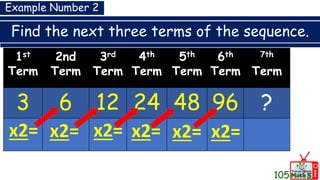 Find the next three terms of the sequence.
1st
Term
2nd
Term
3rd
Term
4th
Term
5th
Term
6th
Term
7th
Term
3 6 12 24 48 96 ?
x2= x2= x2= x2= x2=
Example Number 2
x2=
105
 