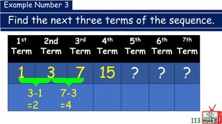 Find the next three terms of the sequence.
1st
Term
2nd
Term
3rd
Term
4th
Term
5th
Term
6th
Term
7th
Term
1 3 7 15 ? ? ?
Example Number 3
3-1
=2
7-3
=4
113
 