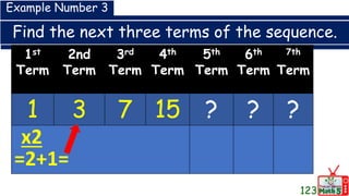 Find the next three terms of the sequence.
1st
Term
2nd
Term
3rd
Term
4th
Term
5th
Term
6th
Term
7th
Term
1 3 7 15 ? ? ?
Example Number 3
x2
=2+1=
123
 