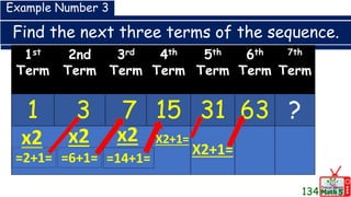Find the next three terms of the sequence.
1st
Term
2nd
Term
3rd
Term
4th
Term
5th
Term
6th
Term
7th
Term
1 3 7 15 31 63 ?
Example Number 3
x2
=2+1=
x2
=6+1=
x2
=14+1=
X2+1=
X2+1=
134
 
