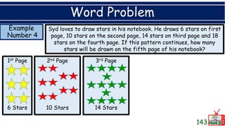 Example
Number 4
Word Problem
Syd loves to draw stars in his notebook. He draws 6 stars on first
page, 10 stars on the second page, 14 stars on third page and 18
stars on the fourth page. If this pattern continues, how many
stars will be drawn on the fifth page of his notebook?
1st Page
6 Stars
2nd Page
10 Stars
3rd Page
14 Stars
143
 