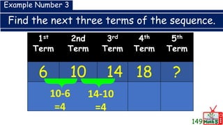 Find the next three terms of the sequence.
1st
Term
2nd
Term
3rd
Term
4th
Term
5th
Term
6 10 14 18 ?
Example Number 3
10-6
=4
14-10
=4
149
 