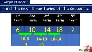 Find the next three terms of the sequence.
150
1st
Term
2nd
Term
3rd
Term
4th
Term
5th
Term
6 10 14 18 ?
Example Number 3
10-6
=4
14-10
=4
18-14
 