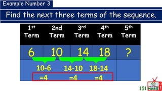 Find the next three terms of the sequence.
1st
Term
2nd
Term
3rd
Term
4th
Term
5th
Term
6 10 14 18 ?
Example Number 3
10-6
=4
14-10
=4
18-14
=4
151
 