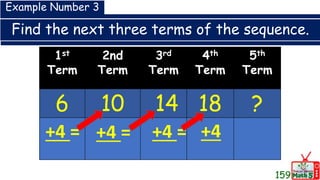 Find the next three terms of the sequence.
1st
Term
2nd
Term
3rd
Term
4th
Term
5th
Term
6 10 14 18 ?
Example Number 3
+4 = +4 = +4 = +4
159
 