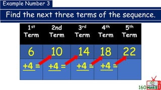 Find the next three terms of the sequence.
1st
Term
2nd
Term
3rd
Term
4th
Term
5th
Term
6 10 14 18 22
Example Number 3
+4 = +4 = +4 = +4 =
160
 