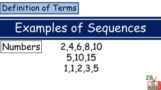 Definition of Terms
Examples of Sequences
Numbers
28
2,4,6,8,10
5,10,15
1,1,2,3,5
 
