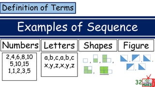 Definition of Terms
Examples of Sequence
Numbers
32
Letters Shapes Figure
2,4,6,8,10
5,10,15
1,1,2,3,5
a,b,c,a,b,c
x,y,z,x,y,z
 