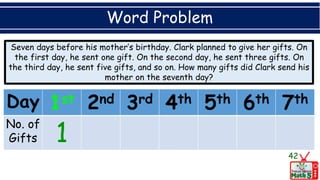 Word Problem
42
Day 1st 2nd 3rd 4th 5th 6th 7th
No. of
Gifts 1
Seven days before his mother’s birthday. Clark planned to give her gifts. On
the first day, he sent one gift. On the second day, he sent three gifts. On
the third day, he sent five gifts, and so on. How many gifts did Clark send his
mother on the seventh day?
 