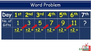 Word Problem
63
Day 1st 2nd 3rd 4th 5th 6th 7th
No. of
Gifts 5 7 9 11 ?
+2 = +2 = +2 = +2 = +2 = +2 =
 