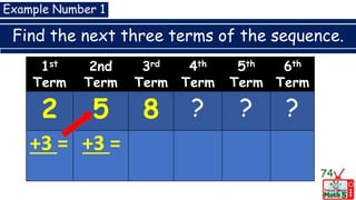 Find the next three terms of the sequence.
74
Example Number 1
1st
Term
2nd
Term
3rd
Term
4th
Term
5th
Term
6th
Term
2 5 8 ? ? ?
+3 = +3 =
 