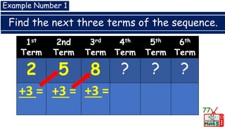 Find the next three terms of the sequence.
77
Example Number 1
1st
Term
2nd
Term
3rd
Term
4th
Term
5th
Term
6th
Term
2 5 8 ? ? ?
+3 = +3 = +3 =
 
