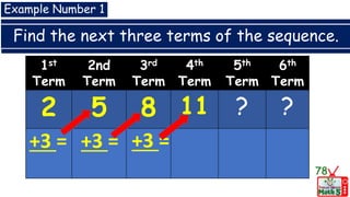 Find the next three terms of the sequence.
78
Example Number 1
1st
Term
2nd
Term
3rd
Term
4th
Term
5th
Term
6th
Term
2 5 8 11 ? ?
+3 = +3 = +3 =
 