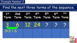 Find the next three terms of the sequence.
87
1st
Term
2nd
Term
3rd
Term
4th
Term
5th
Term
6th
Term
7th
Term
3 6 12 24 ? ? ?
3+3 = 6
Example Number 2
 