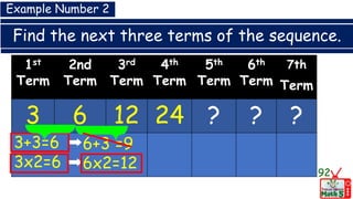 Find the next three terms of the sequence.
92
1st
Term
2nd
Term
3rd
Term
4th
Term
5th
Term
6th
Term
7th
Term
3 6 12 24 ? ? ?
3+3=6
3x2=6
6+3 =9
6x2=12
Example Number 2
 