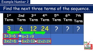 Find the next three terms of the sequence.
94
1st
Term
2nd
Term
3rd
Term
4th
Term
5th
Term
6th
Term
7th
Term
3 6 12 24 ? ? ?
3+3=6
3x2=6
6+3 =9
6x2=12 12x2=24
Example Number 2
 