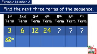 Find the next three terms of the sequence.
95
1st
Term
2nd
Term
3rd
Term
4th
Term
5th
Term
6th
Term
7th
Term
3 6 12 24 ? ? ?
x2=
Example Number 2
 