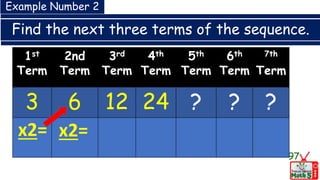 Find the next three terms of the sequence.
97
1st
Term
2nd
Term
3rd
Term
4th
Term
5th
Term
6th
Term
7th
Term
3 6 12 24 ? ? ?
x2= x2=
Example Number 2
 