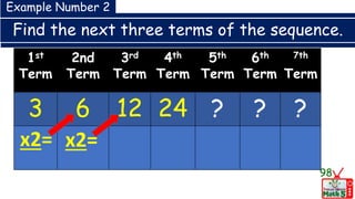 Find the next three terms of the sequence.
98
1st
Term
2nd
Term
3rd
Term
4th
Term
5th
Term
6th
Term
7th
Term
3 6 12 24 ? ? ?
x2= x2=
Example Number 2
 