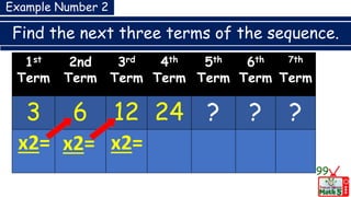 Find the next three terms of the sequence.
99
1st
Term
2nd
Term
3rd
Term
4th
Term
5th
Term
6th
Term
7th
Term
3 6 12 24 ? ? ?
x2= x2= x2=
Example Number 2
 