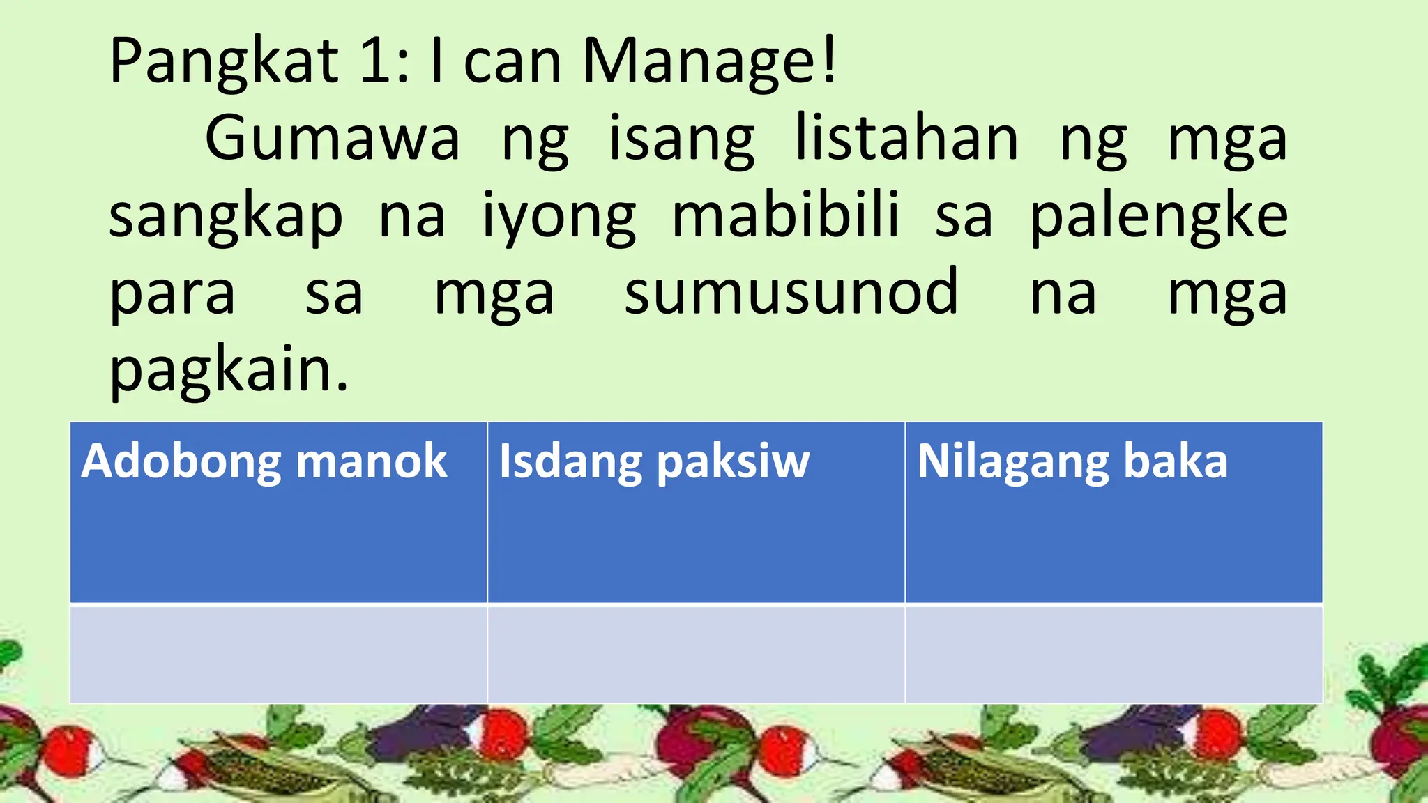 Pangkat 1: I can Manage!
Gumawa ng isang listahan ng mga
sangkap na iyong mabibili sa palengke
para sa mga sumusunod na mga
pagkain.
Adobong manok Isdang paksiw Nilagang baka
 