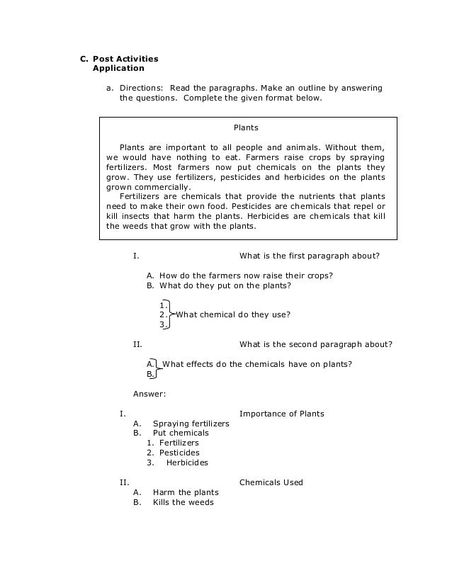 grade 6 english reading outlining a two paragraph passage